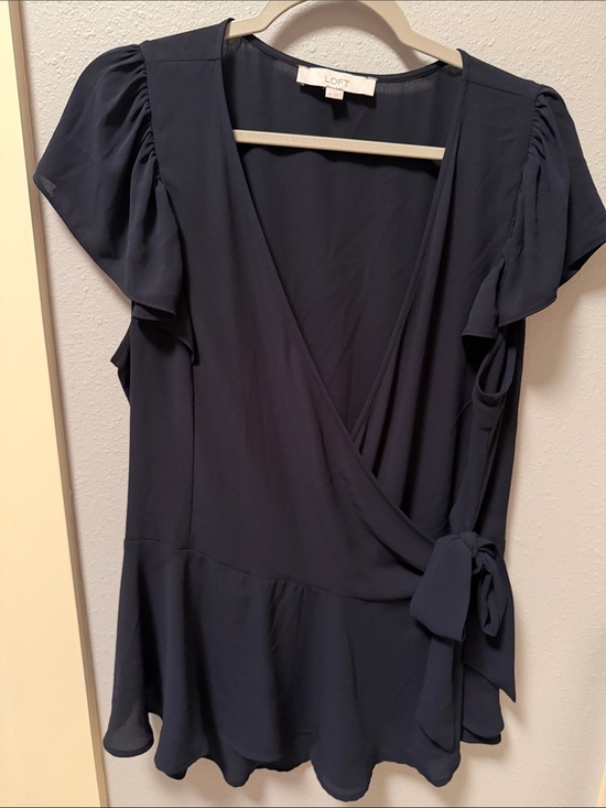 LOFT Tops - LOFT Navy Wrap Blouse with Flutter Sleeves and Side Tie